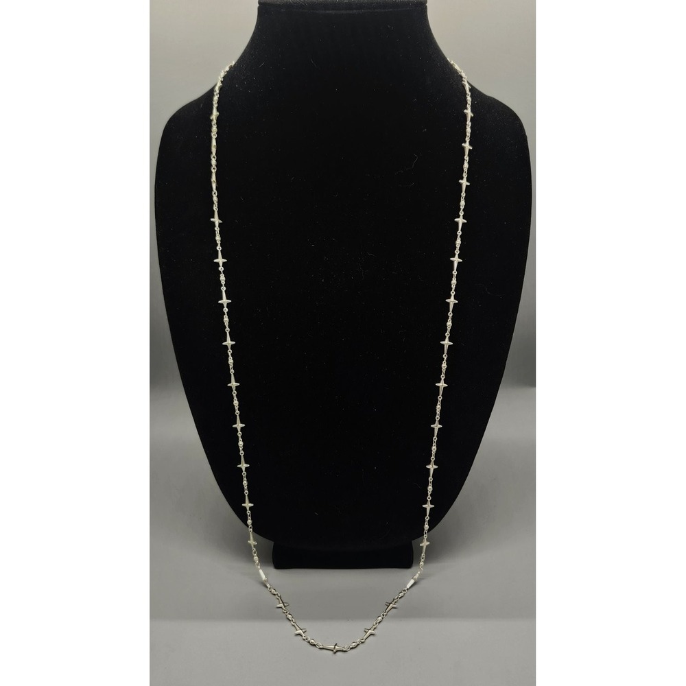 Long Rosary Style Cross Necklace Silver Tone Station Chain Fashion Jewelry